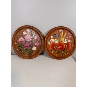 XXSOLDXX Vintage Hand Painted Floral Wood Wall Plaques Set of 2